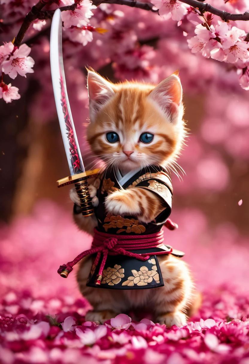 Amazing detailed photography of a cute adorable samurai kitten holding Katana with 2 paws, Cherry Blossom Tree petals floating in air, high resolution, piercing eyes,lifelike fur, Anti-Aliasing, FXAA, De-Noise, Post-Production, SFX, insanely detailed & intricate, hypermaximalist, elegant, ornate, hyper realistic, super detailed, noir coloration, serene, 16k resolution, full body,