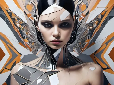 a girl, melting skin, abstract geometry, surreal futurism
