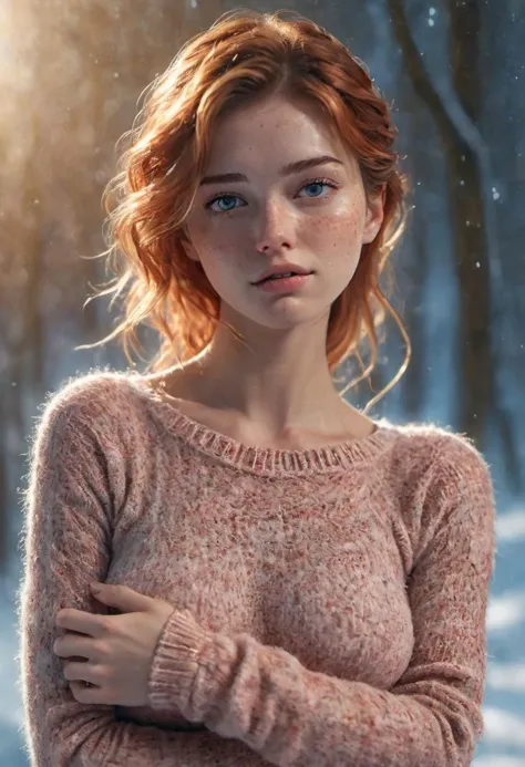 a woman with red hair and a sweater standing in the snow