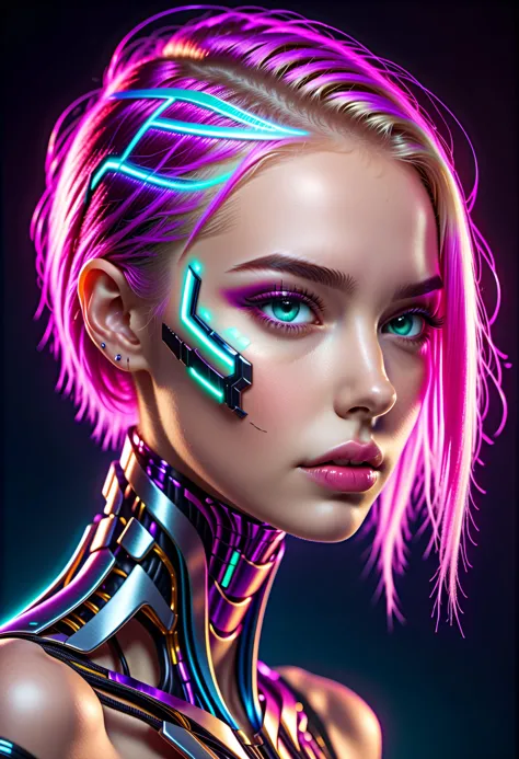neonpunk style donmv01dfm4g1c3xl humanoid robot. cables, skull, undercut neon hair, mechanical parts, spine, intricate details, ...