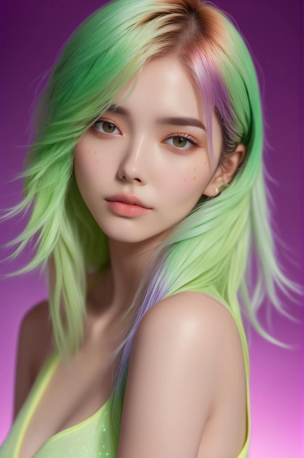 (masterpiece,best quality, ultra realistic,32k,RAW photo,detail skin, 8k uhd, dslr,high quality, film grain:1.5),
 long hair, light green hair hair:1.1,portrait,lady,  brown eyes, Peach Emo clothing, freckles,
(electric purple gradient background,led light, edge light, simple background)