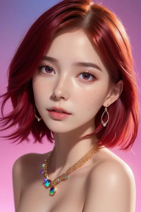 [pureface,sexy,Bare shoulder], 1 girl, adult woman, freckles,mole, ruby eyes, colored inner hair hair, Incorporating metallic accents,simple background,(Iridescent gradient background:1.1), (masterpiece,best quality:1.6),Dark, Zenza Bronica ETRSi Camera ,t...
