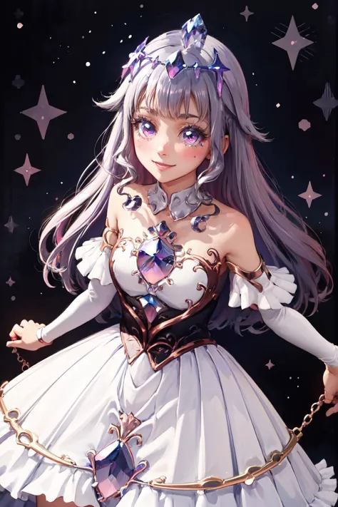 Highly detailed, High Quality, Masterpiece, beautiful, 1girl, solo, KosekiBijou, hair ornament, white dress, strapless dress, crystal, detached sleeves, asymmetrical sleeves, <lora:Char_VTuber_KosekiBijou:1>, <lora:Style_Prettycure:1>, smile, v, blush,