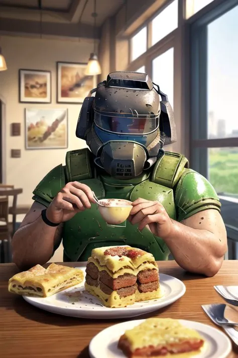 arafed man in a helmet eating a sandwich and a bowl of soup