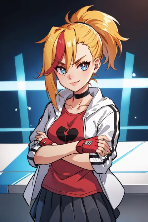 (masterpiece, best quality:1.2), solo, 1girl, mdrin, smile, looking at viewer, crossed arms, ponytail, v-shaped eyebrows, white jacket, red shirt, fingerless gloves, black skirt, choker 