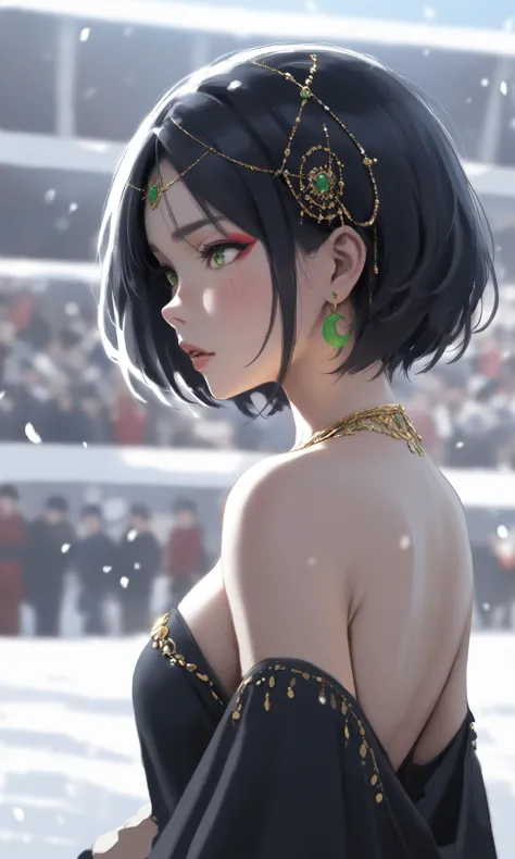 (best quality,masterpiece, highres,high quality:1.2),(absurdres, best quality, masterpiece, detailed, highres:1.1),1girl,(illustration:1.15),black hair,short hair,green eyes,golden jewelry,hair ornament,green earrings,magatama earrings,freckles,bare shoulders,makeup,looking away,solo,blurry background,snow particles,tribune in the background,