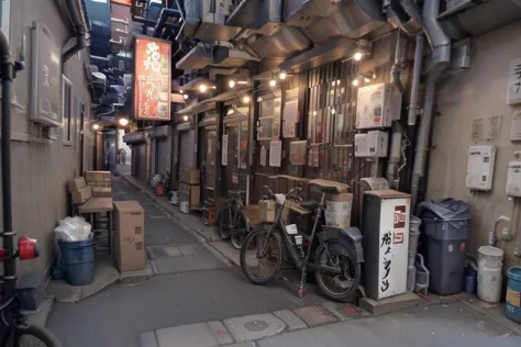 there is a narrow alley with a lot of boxes and boxes on the ground