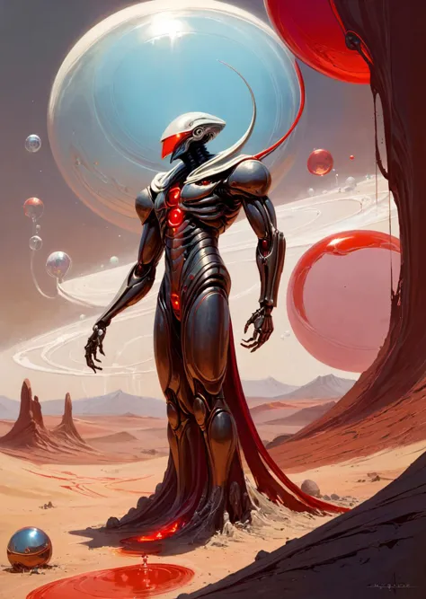 a man in a futuristic suit standing in front of a desert