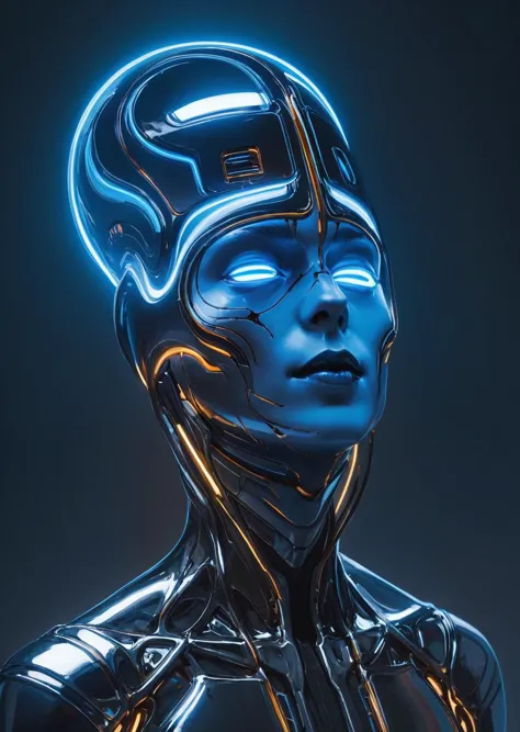 a close up of a woman in a futuristic suit with glowing lights