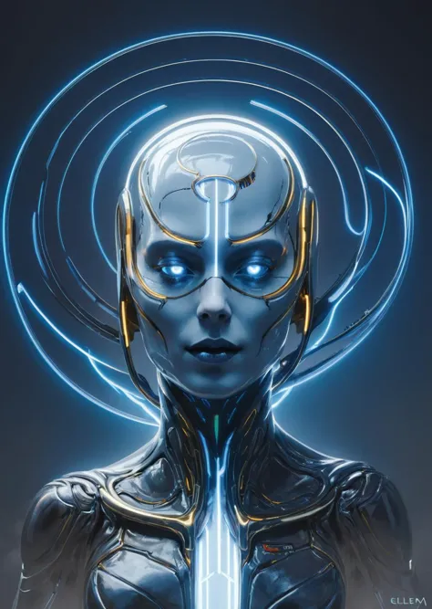 a woman with a futuristic head and a glowing halo