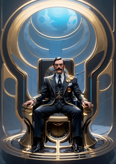 a close up of a man sitting on a throne with a clock