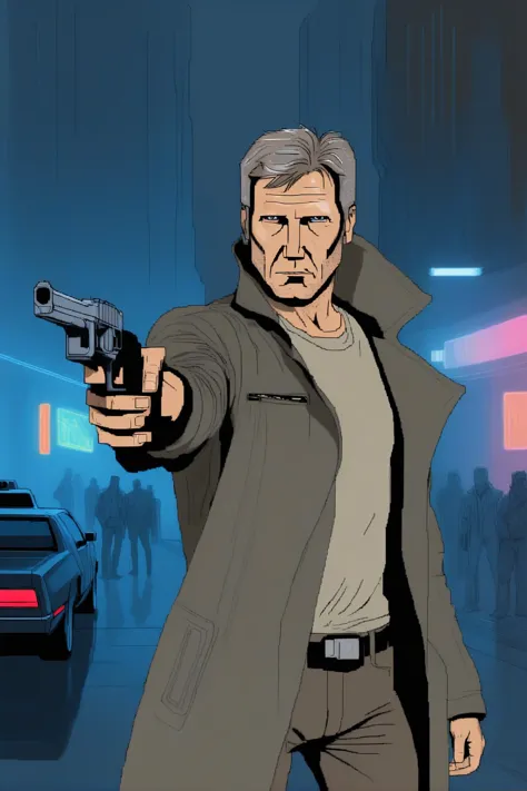 sketch, drawing of harrison ford as blade runner with pistol pointing a camera, flat colors, dark retro futuristic street in the...