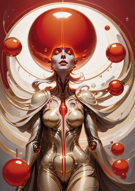 a woman with a red orb on her head and a red orb on her chest