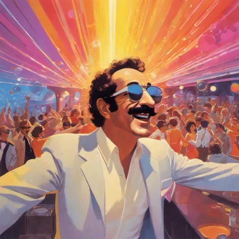 Focused on Groucho Marx wearing sunglasses in the middle of disco dance floor, explosion of light, open air sunny, lots of color...