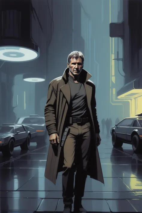 sketch, drawing of harrison ford as blade runner, flat colors, dark retro futuristic street in the background, neon lights, (car...