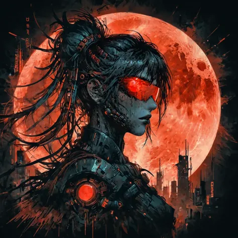 drawn style, anime style, solo,
surrealism, dark tones,  cyberpunk warrior, glowing red moon, silhouette,
<lora:Splash_Art_SDXL:...