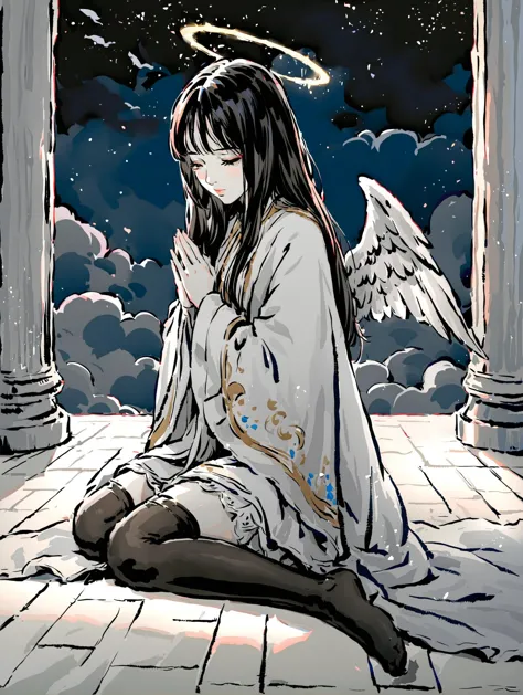 anime girl sitting on the ground praying with angel wings