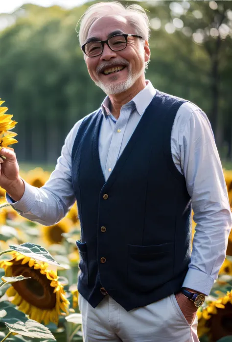 (A medium photo of  gongqijun,oldman),wearing(brown vest,babyblue shirt),smile,(standing on sea of sunflowers),sunlight,(sunflower petal in air),(masterpiece) (photorealistic:1.2) (bokeh) (best quality) (detailed skin) (intricate) (8k) (HDR) (cinematic lig...
