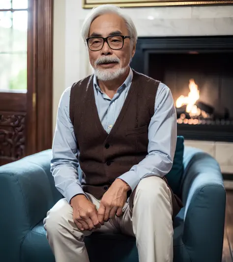 (A medium photo of  gongqijun,oldman),wearing(brown vest.babyblue shirt),sitting on chair,hug a cat,indoor,fireplace in background,(masterpiece) (photorealistic:1.2) (bokeh) (best quality) (detailed skin) (intricate) (8k) (HDR) (cinematic lighting) (sharp ...