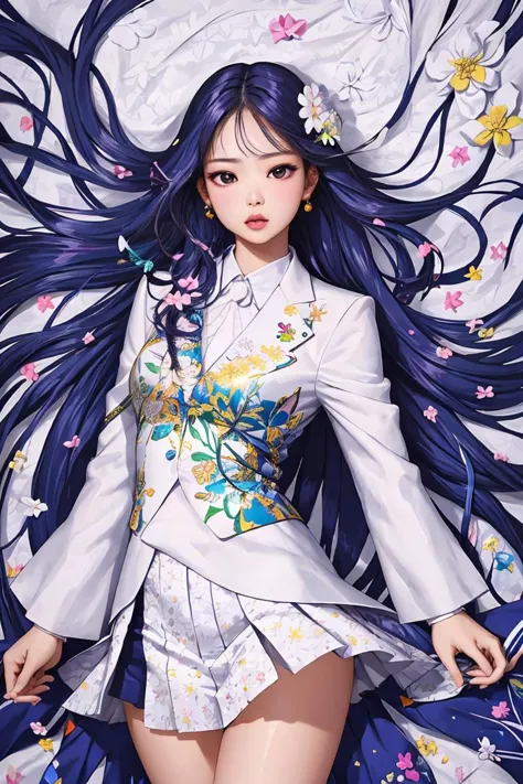 <lora:jennieForBLACKPINK_v10:0.5> photorealistic blackpink jennie a woman wearing a (modest:0.5) white floral suit with fractal abstract surreal colorful blossoms flowing in all directions, depth of field, dof