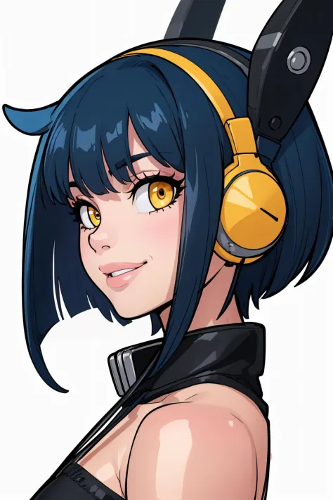 (masterpiece, best quality:1.2),  rabiestlagomorph, 1girl, solo, headphones, smile, blue hair, short hair, looking at viewer, white background, closed mouth, upper body, bare shoulders, from side, bangs, yellow eyes