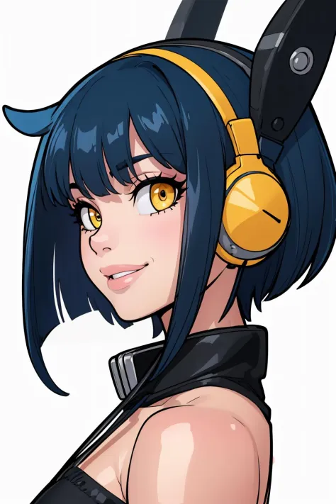 (masterpiece, best quality:1.2),  <lora:rabiestlagomorph:.98>, rabiestlagomorph, 1girl, solo, headphones, smile, blue hair, short hair, looking at viewer, white background, closed mouth, upper body, bare shoulders, from side, bangs, yellow eyes