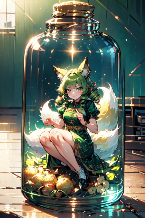 (high quality, best quality, 4k, 2k, (intricate:1.1), (high detail:1.3)), ((bottle, in glass bottle)), (official wallpaper, volumetric lighting, dynamic lighting),
1girl, solo, (fox girl, fox ears, fox tail), ((fluffy)), green dress, 
blonde hair, green eyes, jewelry, gold trim, ojou curls,
full body, sitting, ((smug)), 
 <lora:GlassBottle:0.6>, <lora:n15g_aio_hairstyles-1.0:1>