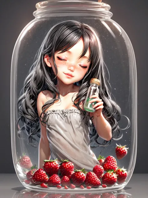 a girl in a jar with strawberries and a can of soda