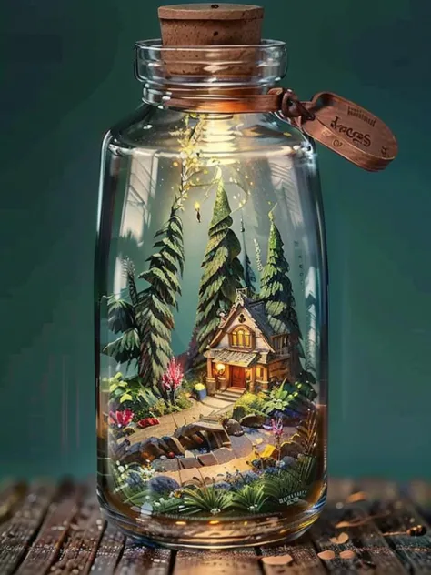 mini house, landscape, old fashion, nature, night light, nature background, a bottle, in the bottle, high detailed, masterpiece, best quality,  night light, bottle, in glass bottle,  street, masterpiece, best best quality, high realistic, city,  <lora:Bott...