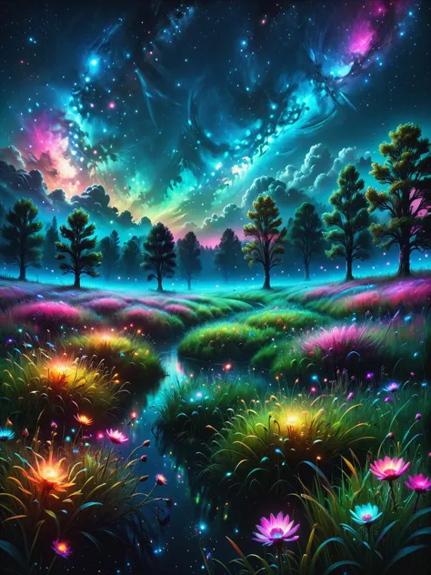 lush meadows at night with a colorful glowing  mad-mbp mad-nbla in the night sky <lora:Space_Nebula_Style_SDXL:0.6> <lora:Glowin...