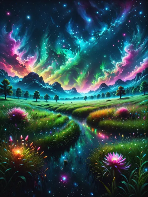 a painting of a beautiful landscape with flowers and stars