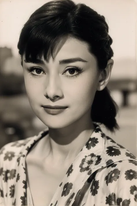 1girl,realistic,best quality,looking_at_viewer,(picturesque:1.3),<lora:Audrey Hepburn:0.9>,(bangs:1.2),(print_dress:1.3),<lora:èç§ç:0.5>,dust,Yellowed Old Photo,smile,