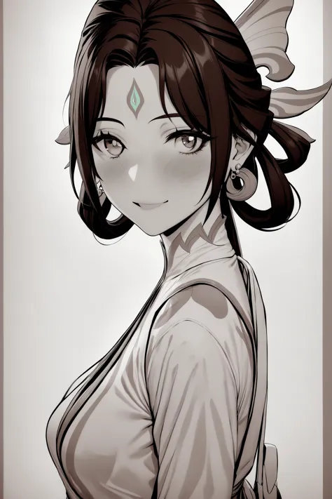 masterpiece, best quality, 1girl, <lora:spgiFujinXL:1> fujin, hair ornament, hair rings, forehead jewel, earrings, orange dress, backpack, blush, hand up, looking at viewer, smile, solo, standing, border, from side, monochrome, outside border, simple background, speech bubble, upper body