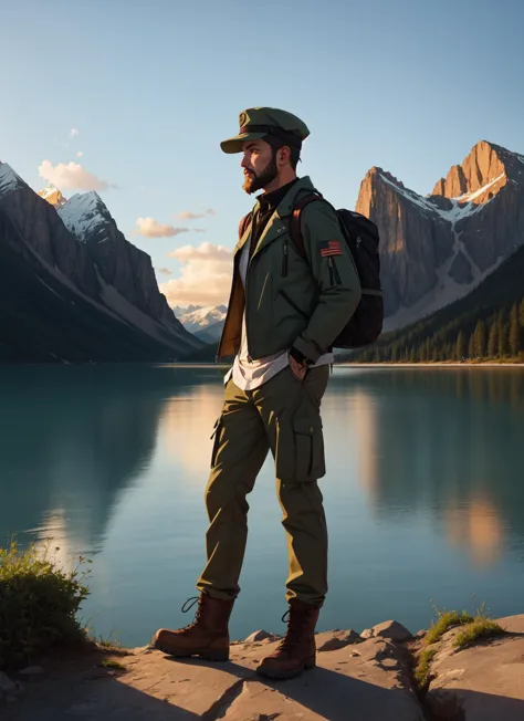 landscape: serene lake, towering mountains, golden sunset, break, character: rugged explorer, scruffy beard, worn-out hat, adven...