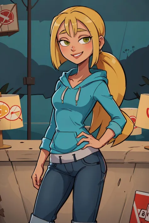 ((masterpiece,best quality)), absurdres,
<lora:Bridgette_Total_Drama:0.7>, Bridgette_Total_Drama, denim, hoodie, 
solo, smiling, looking at viewer, cowboy shot, 
cinematic composition, contrapposto
