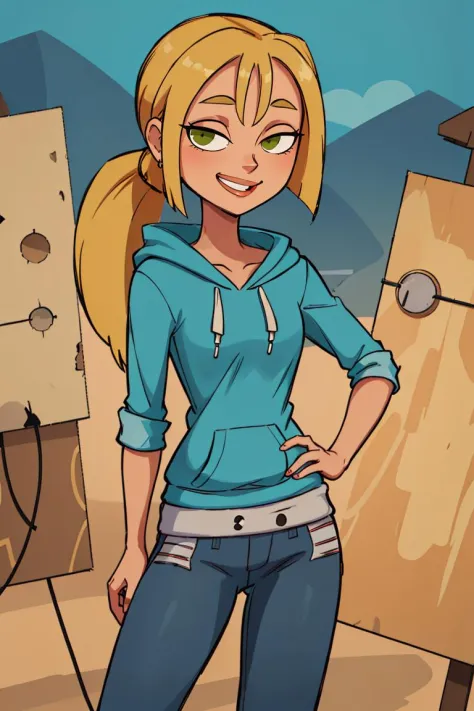 ((masterpiece,best quality)), absurdres,
<lora:Bridgette_Total_Drama:0.7>, Bridgette_Total_Drama, denim, hoodie, 
solo, smiling, looking at viewer, cowboy shot, 
cinematic composition, contrapposto