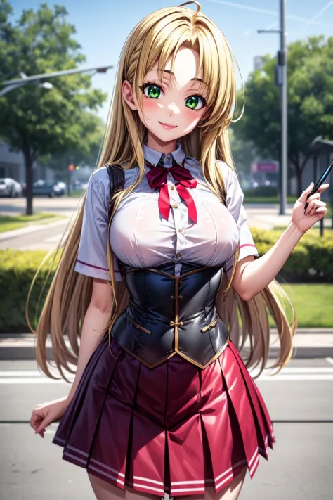 best quality, masterpiece, 1girl, (solo:1.1), raytracing, ultra detailed,detailed face, 8k wallpaper, wide hips, smile, AsiaArgentoNDV, 1girl, blonde hair, large breasts, long hair, green eyes, red skirt, , shirt, corset, ribbon,  outdoor