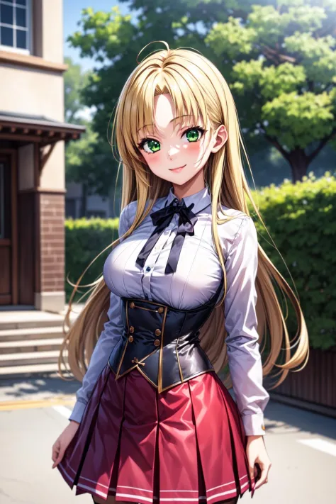 best quality, masterpiece, 1girl, (solo:1.1), raytracing, ultra detailed,detailed face, 8k wallpaper, wide hips, <lora:more_details:0.5>, smile, AsiaArgentoNDV, 1girl, blonde hair, large breasts, long hair, green eyes, red skirt, school uniform, shirt, corset, ribbon,  <lora:AsiaArgento_NDV:0.7>, outdoor