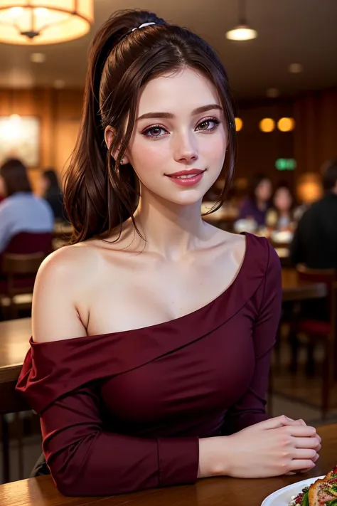 a front shot of a (beautiful:1.2) (pale) [brunette] young woman with a tight ponytail and tfft wearing a low neck maroon one-sho...