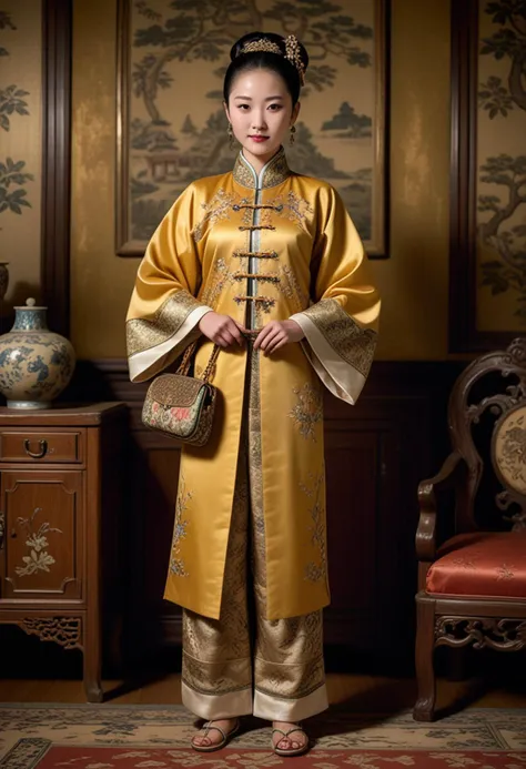 (medium full shot) of (dignified chinese young woman from the qing dynasty), wearing a gold silk jacket with ornate patterns, em...