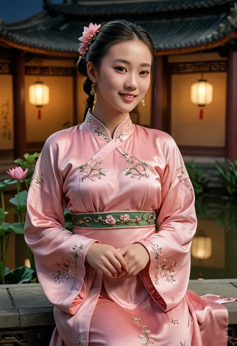 (medium full shot) of (dignified chinese young woman from the song dynasty), wearing a pink satin gown with simple designs, silk...