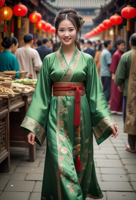 (medium full shot) of (graceful chinese young woman from the song dynasty), wearing a green brocade gown with simple designs, or...