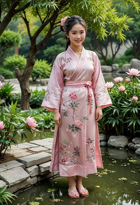 (medium full shot) of (delicate chinese young woman from the zhou dynasty), wearing a pink formal robe with detailed patterns, s...