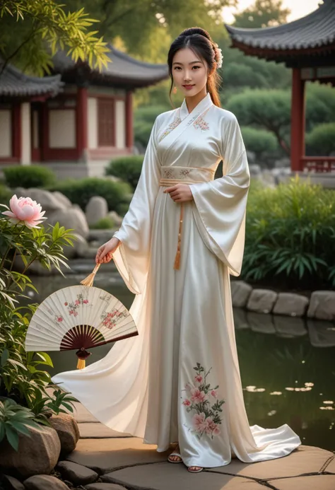 (medium full shot) of (serene chinese young woman from the tang dynasty), wearing a white satin gown with simple designs, embroi...