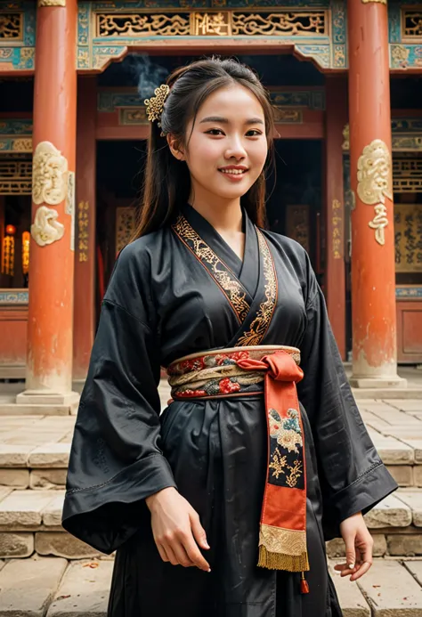 (medium full shot) of (regal chinese young woman from the song dynasty), wearing a black casual robe , decorative flats with ele...