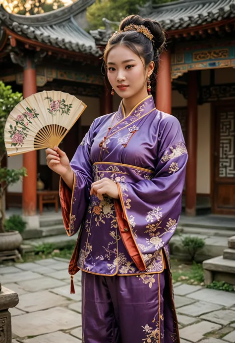 (medium full shot) of (divine chinese young woman from the tang dynasty), wearing a purple brocade tunic, embroidered trousers ,...