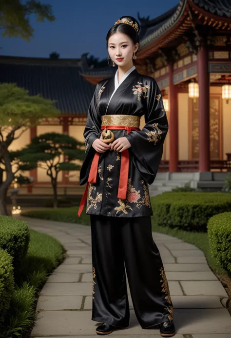 (medium full shot) of (elegant chinese young woman from the tang dynasty), wearing a black silk robe, silk trousers , brocade bo...