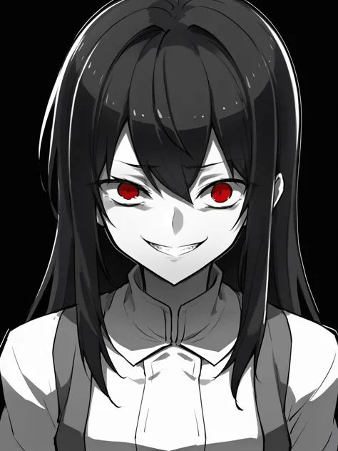 score_9, score_8_up, BREAK, source_anime,  monochrome, greyscale, ebiblue, gesugao, 1girl, black hair, long hair, red eyes, (glowing eyes:0.5), smile,  looking at viewer, solo, sketch, black background    <lora:EbiblueXL:1>