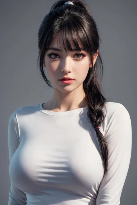 (ultra realistic,32k, masterpiece:1.2),(high detailed skin:1.1),( 8k uhd, dslr, high quality:1.1),
 1girl, black hair, ponytail and bangs,(white tight long top, long sleeves:1.1),, , <lora:add_detail:0.84>, (red lips:0.8), (mascara:1.1),(huge breast:0.9),
(looking at viewer, portrait:1.1),
,(soft shaded neon light:1.1),blank background