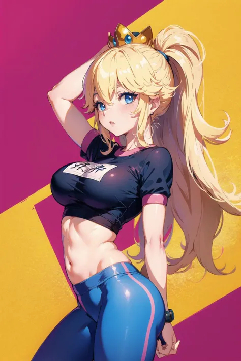 (masterpiece:1.2), (best quality:1.2), (ultra detailed:1.1), princess peach wearing a gym uniform standing in a pink sports bra ...